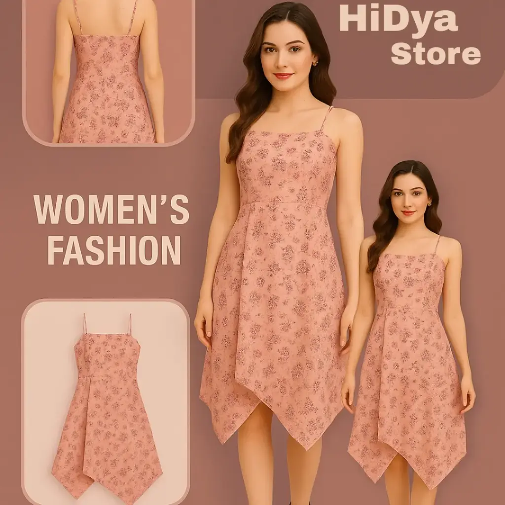 Peach Pink Floral Spaghetti Strap Asymmetric Hem Dress